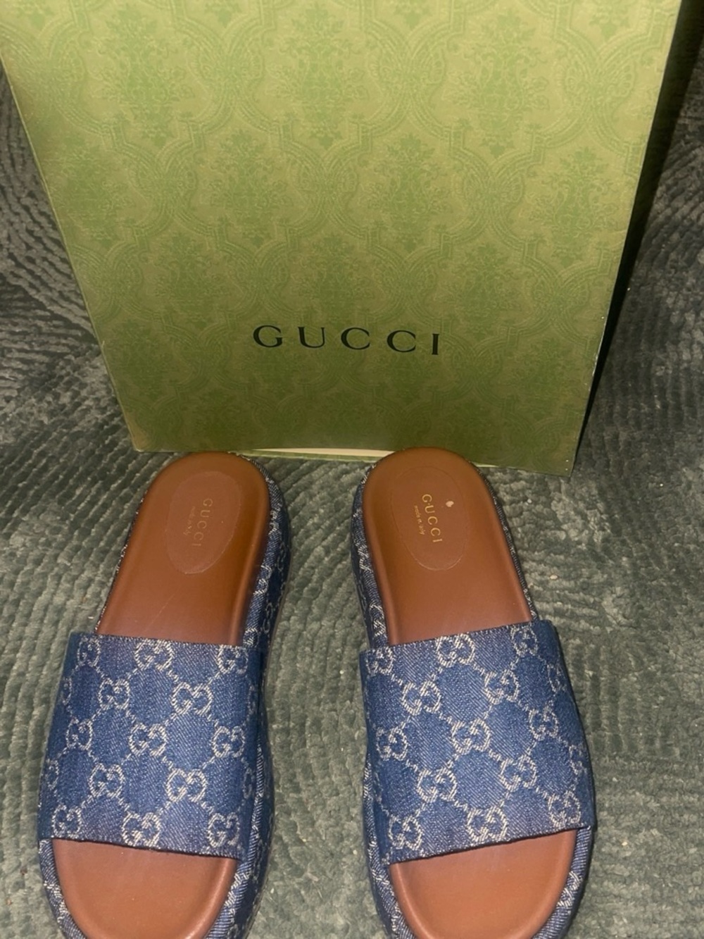Gucci Blue Denim GG Canvas Slide Mules
